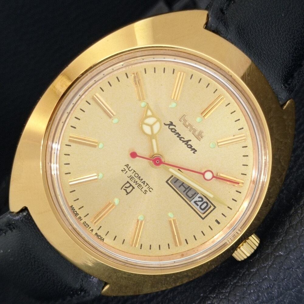 Vintage 1992 HMT Automatic Mens Gold Watch W/Daydate & Red accents